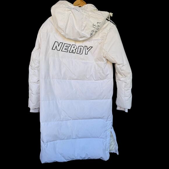 NERDY Coat Small White Long Hooded Down Puffer Parka Stripe Logo Full Zip - Picture 2 of 14